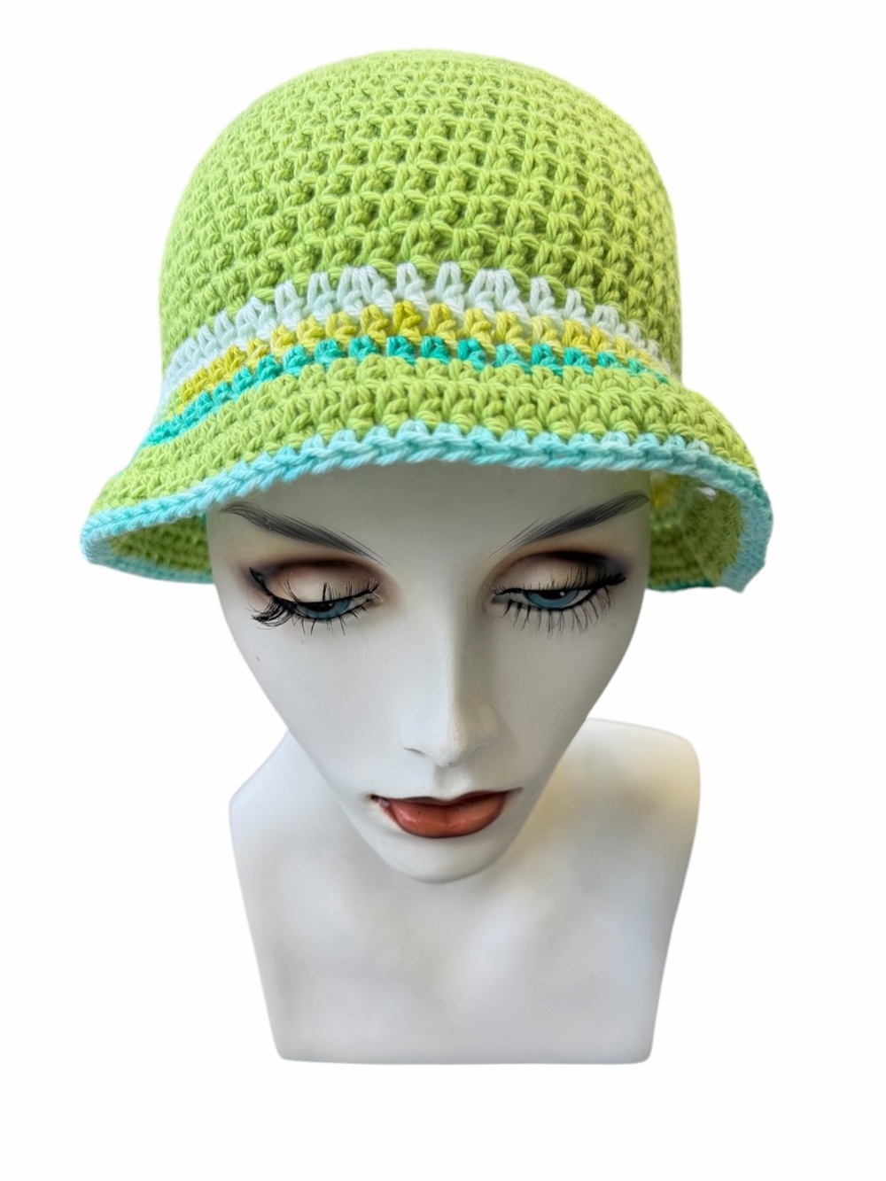 Handmade Crochet 100% cotton Bucket Hat in Lime Green with contrasting stitches
